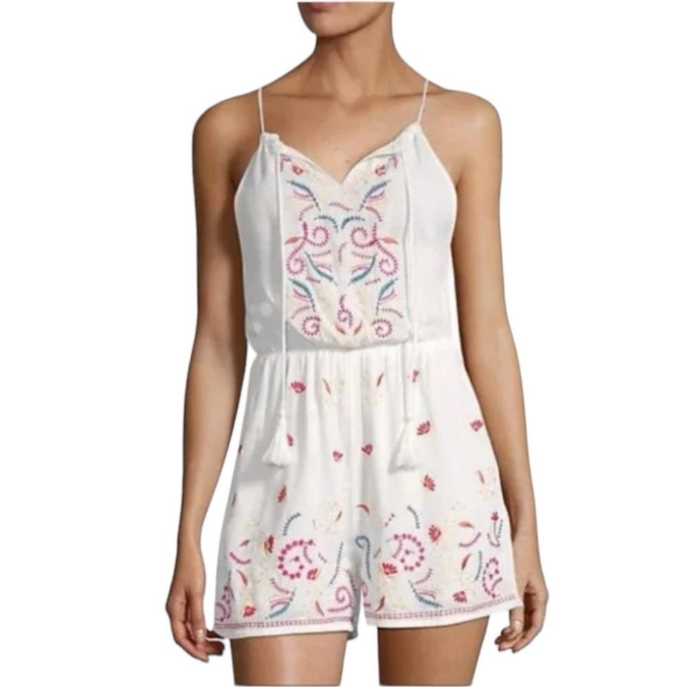 Anthropologie White Embroidered Romper with Multicolor Accents